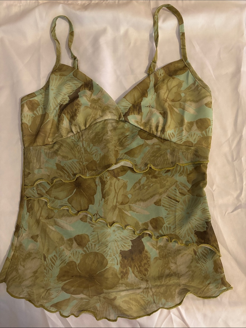 Y2K Style Mesh Cami withGreen Floral RuffleTop
